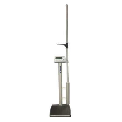 Front view of the Befour WH-1062 digital column scale showing the large LCD display, low profile 16x18 inch platform, and Opti-Height optical stadiometer.