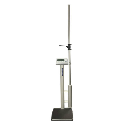 Front view of the Befour WH-1062 digital column scale showing the large LCD display, low profile 16x18 inch platform, and Opti-Height optical stadiometer.