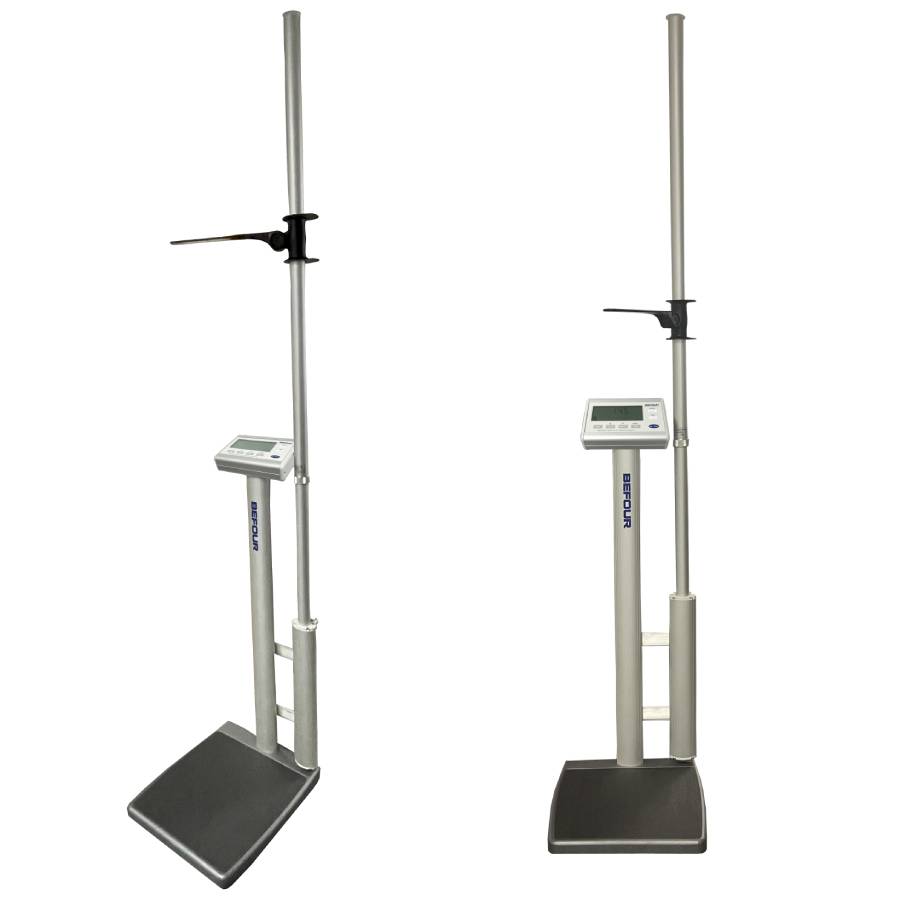 Close-ups of the Opti-Height stadiometer headpiece on the Befour WH-1062 weight and height scale used for medical and sports weigh-ins.