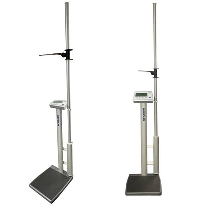 Close-ups of the Opti-Height stadiometer headpiece on the Befour WH-1062 weight and height scale used for medical and sports weigh-ins.