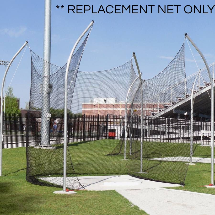 Black replacement netting installed on an outdoor track and field shot put throwing cage, measuring 14 by 42.5 feet.
