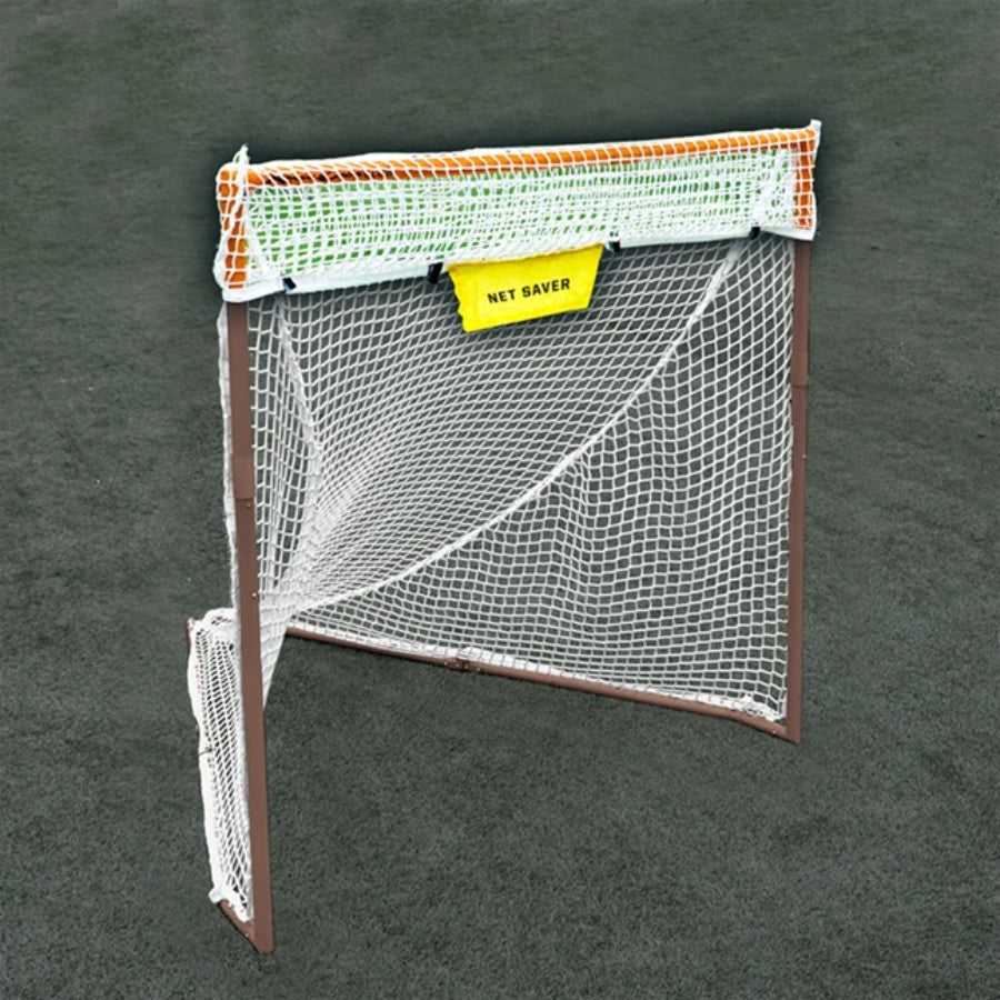 The Rage Cage Net Saver Lacrosse Goal Crossbar Net Protector shown attached to an orange lacrosse goal crossbar, highlighting the durable 4mm white netting layered over the existing net.