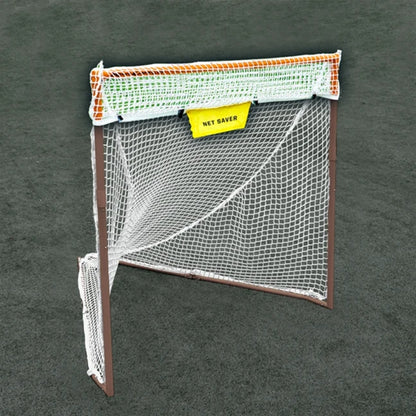 The Rage Cage Net Saver Lacrosse Goal Crossbar Net Protector shown attached to an orange lacrosse goal crossbar, highlighting the durable 4mm white netting layered over the existing net.