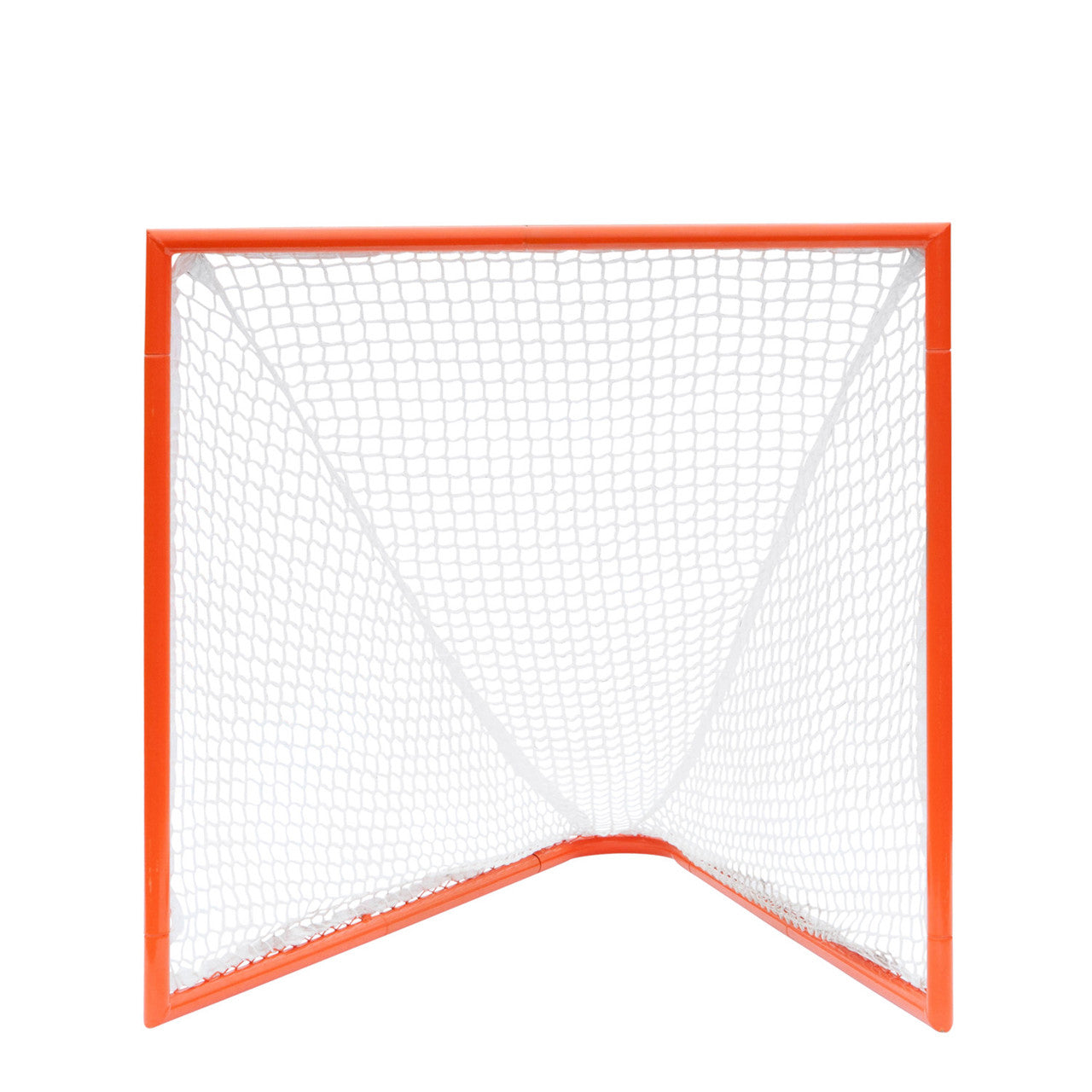 front view of Official size 4x4 box lacrosse goal featuring a heavy-duty orange steel frame and white 5mm braided polyethylene net.