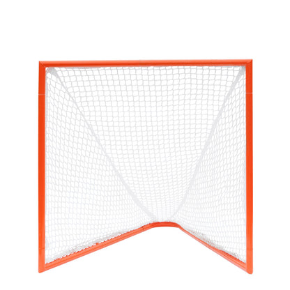 front view of Official size 4x4 box lacrosse goal featuring a heavy-duty orange steel frame and white 5mm braided polyethylene net.