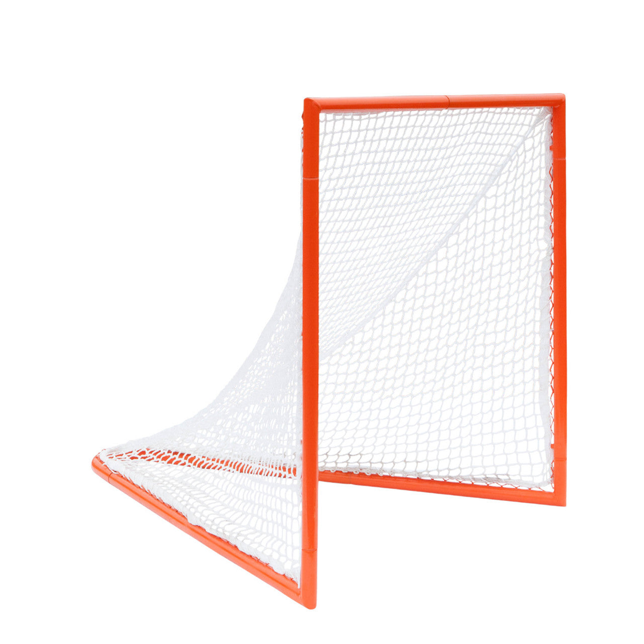 Side angle view of Official size 4x4 box lacrosse goal featuring a heavy-duty orange steel frame and white 5mm braided polyethylene net.