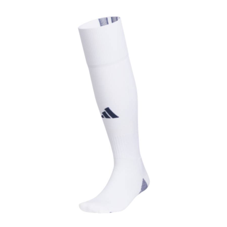 Side profile of the Adidas Team Speed 5 Soccer OTC Socks in White and Team Navy Blue.