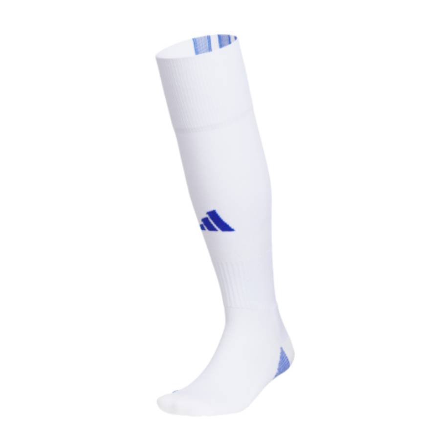 Side profile of the Adidas Team Speed 5 Soccer OTC Socks in White and Team Royal Blue.
