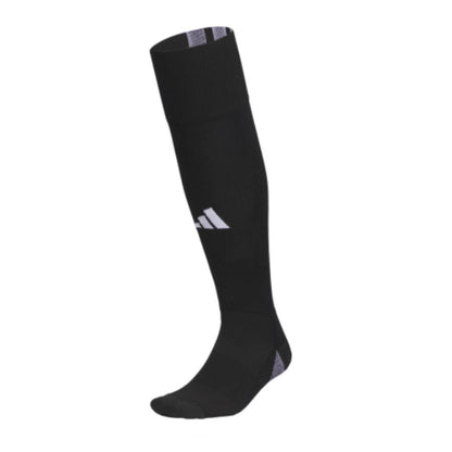 Side profile of the Adidas Team Speed 5 Soccer OTC Socks in Black and White, showcasing the classic over-the-calf design.