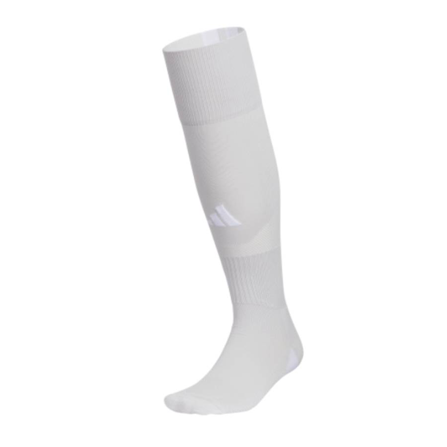 Side profile of the Adidas Team Speed 5 Soccer OTC Socks in Team Light Grey and White, ideal for soccer team uniforms.