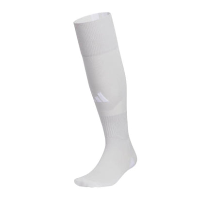 Side profile of the Adidas Team Speed 5 Soccer OTC Socks in Team Light Grey and White, ideal for soccer team uniforms.