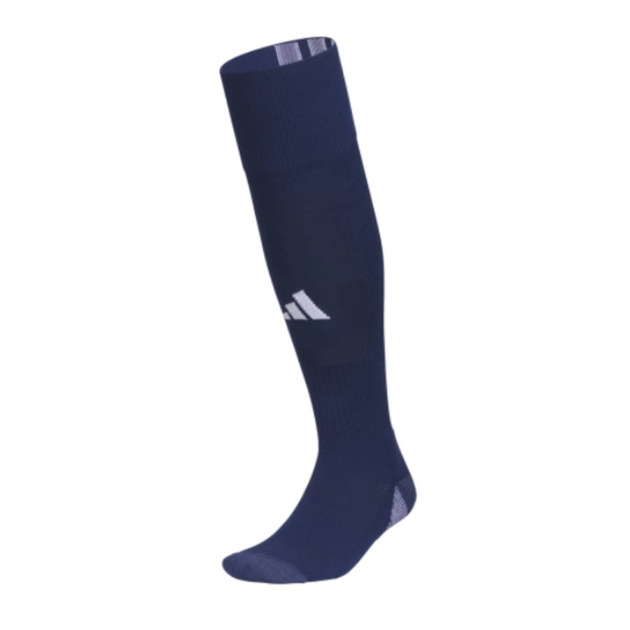 Side profile of the Adidas Team Speed 5 Soccer OTC Socks in Dark Navy Blue and White team colors.