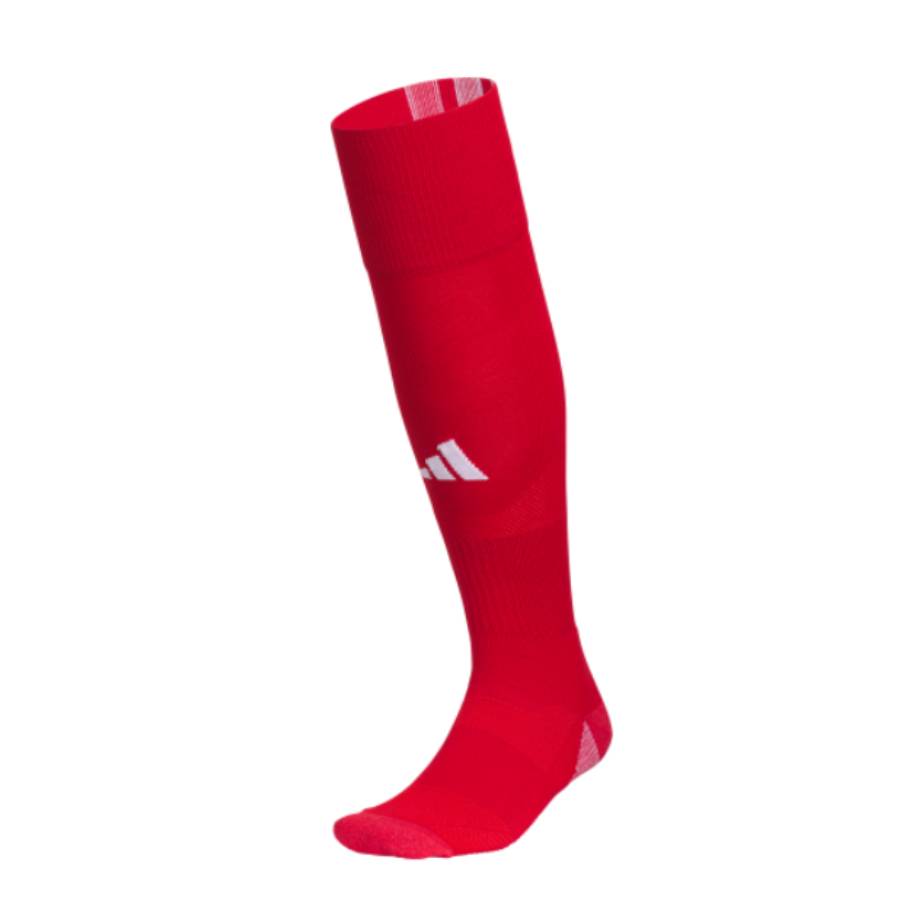 Side profile of the Adidas Team Speed 5 Soccer OTC Socks in Team Power Red and White over-the-calf design.