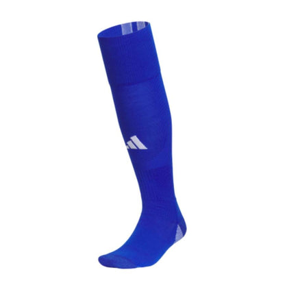 Side profile of the Adidas Team Speed 5 Soccer OTC Socks in Team Royal Blue and White athletic performance colors.
