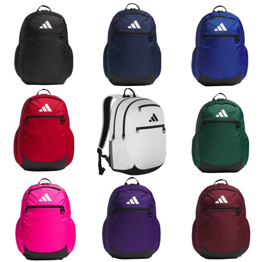 Collection of Adidas backpacks in various colors on a white background