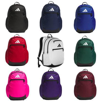 Collection of Adidas backpacks in various colors on a white background