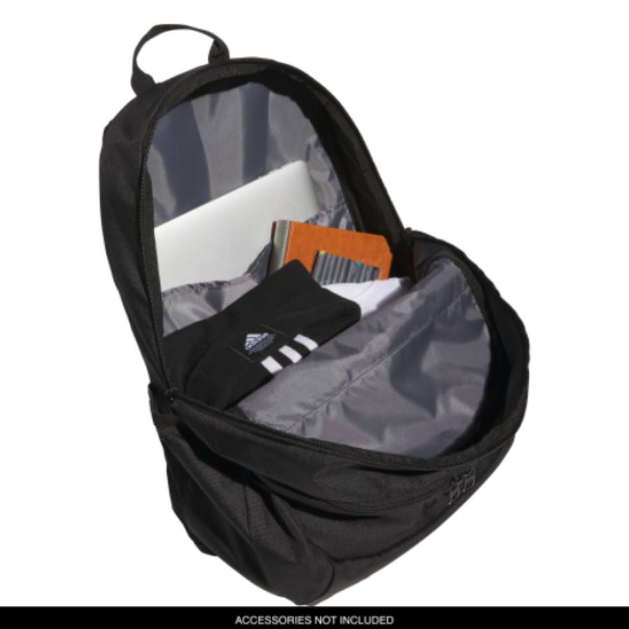 Black backpack with open front compartment showing interior and items on a white background