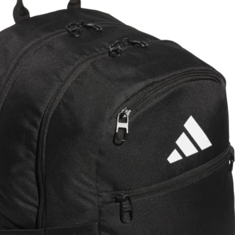 Black Adidas backpack with visible brand logo on a white background