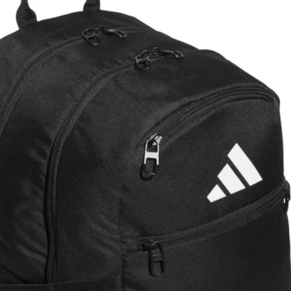 Black Adidas backpack with visible brand logo on a white background