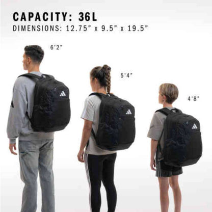 Three people wearing black Adidas backpacks with size and capacity details.