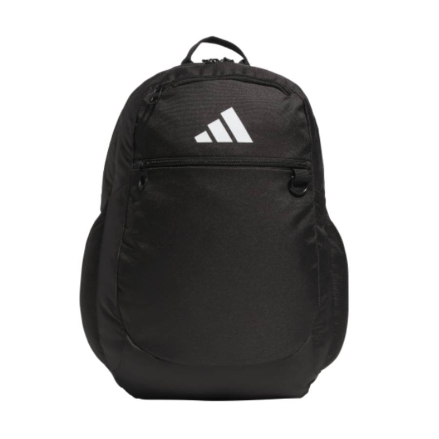 Front view of the Black Adidas Striker 3 Team Backpack with zippered pockets