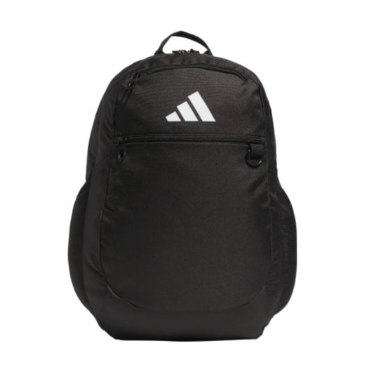 Front view of the Black Adidas Striker 3 Team Backpack with zippered pockets