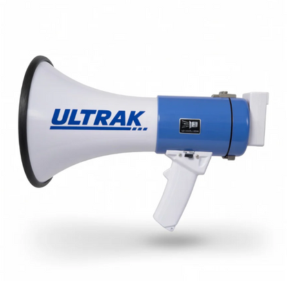 Front angle view of the Ultrak MP-5 Bluetooth Megaphone 25W Powerhouse showing the speaker cone and ergonomic grip handle.