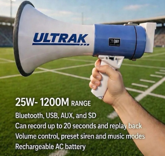 Side profile of the 25 watt Ultrak MP-5 bluetooth bullhorn highlighting the built-in control panel, microphone, and carrying strap.