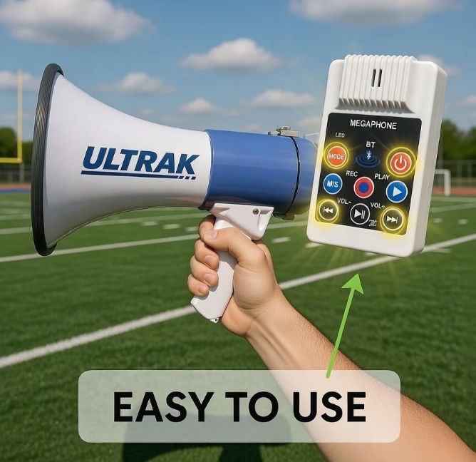 Back interface of the Ultrak MP-5 outdoor megaphone displaying the USB, SD card, and AUX input ports for media streaming.