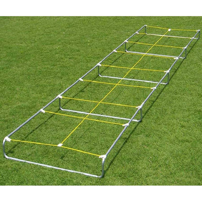 Front and side angle of the Fisher Agility Master Knee High Trainer showing the elevated rope grid used for football footwork drills.