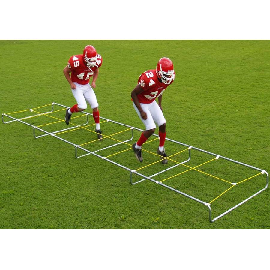 Alternate view of the slip-together frame and ropes on the Fisher Agility Master Knee High Trainer football practice equipment.