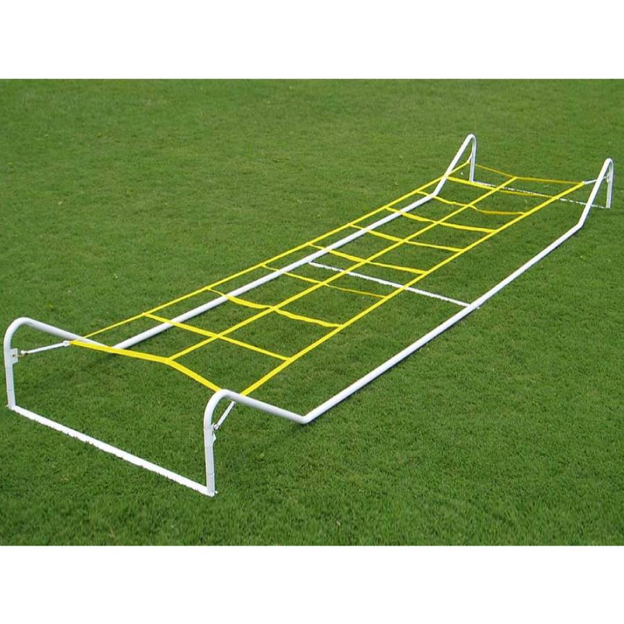 Side angle of the Adjustable 20' Agility Master Trainer showing the elevated ropes and slip-together frame used for football agility equipment.
