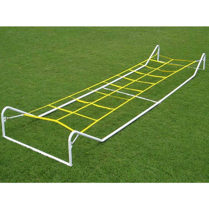 Side angle of the Adjustable 20' Agility Master Trainer showing the elevated ropes and slip-together frame used for football agility equipment.