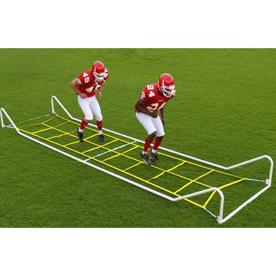 Close up of the Adjustable 20' Agility Master Trainer frame demonstrating the adjustable height agility trainer mechanism and durable rope grid.