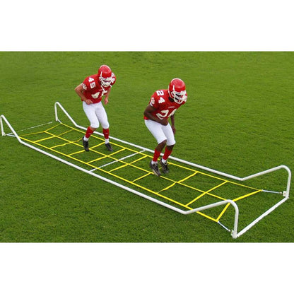 Close up of the Adjustable 20' Agility Master Trainer frame demonstrating the adjustable height agility trainer mechanism and durable rope grid.