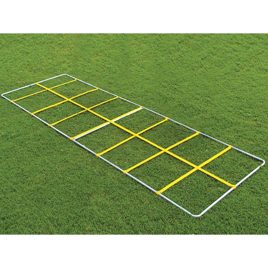 Front angle of the Fisher Speed Demon Knee High Trainer showing the highly visible gold web ropes used for safe football footwork drills.