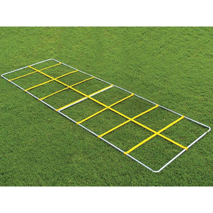 Front angle of the Fisher Speed Demon Knee High Trainer showing the highly visible gold web ropes used for safe football footwork drills.