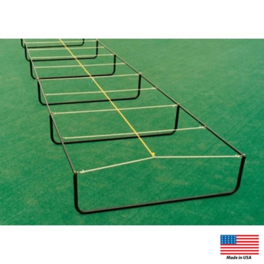 Wide angle view of the 5-foot wide Blazer Steel Knee High Trainer showing the durable steel agility grid and shock cords used for football footwork drills.