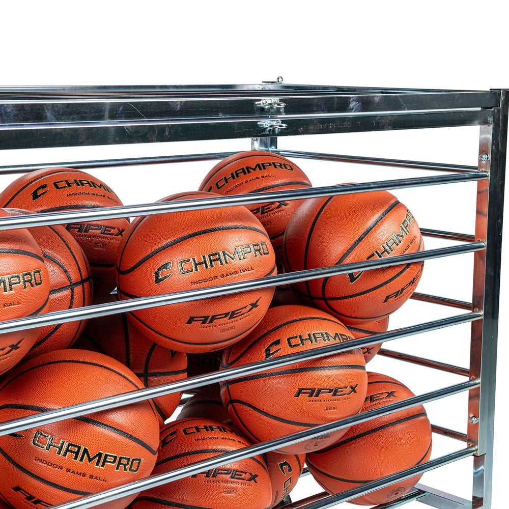 Heavy-duty steel Monster Ball Locker with a lockable lid for basketball and volleyball storage loaded with basketballs