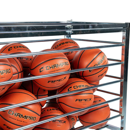 Heavy-duty steel Monster Ball Locker with a lockable lid for basketball and volleyball storage loaded with basketballs
