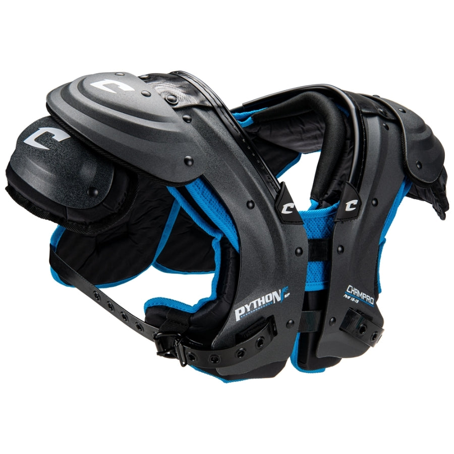 Side profile of the Champro FSPPSP skill football shoulder pads highlighting the secure 1-inch belt-and-buckle system and redundant foam channels.