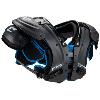 Side profile of the Champro FSPPAP all-purpose football shoulder pads highlighting the secure 1-inch belt-and-buckle system.