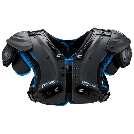 Front view of the Champro Python Lineman Shoulder Pad showcasing the low-profile flat pad design and the generously increased chest width for adult linemen.