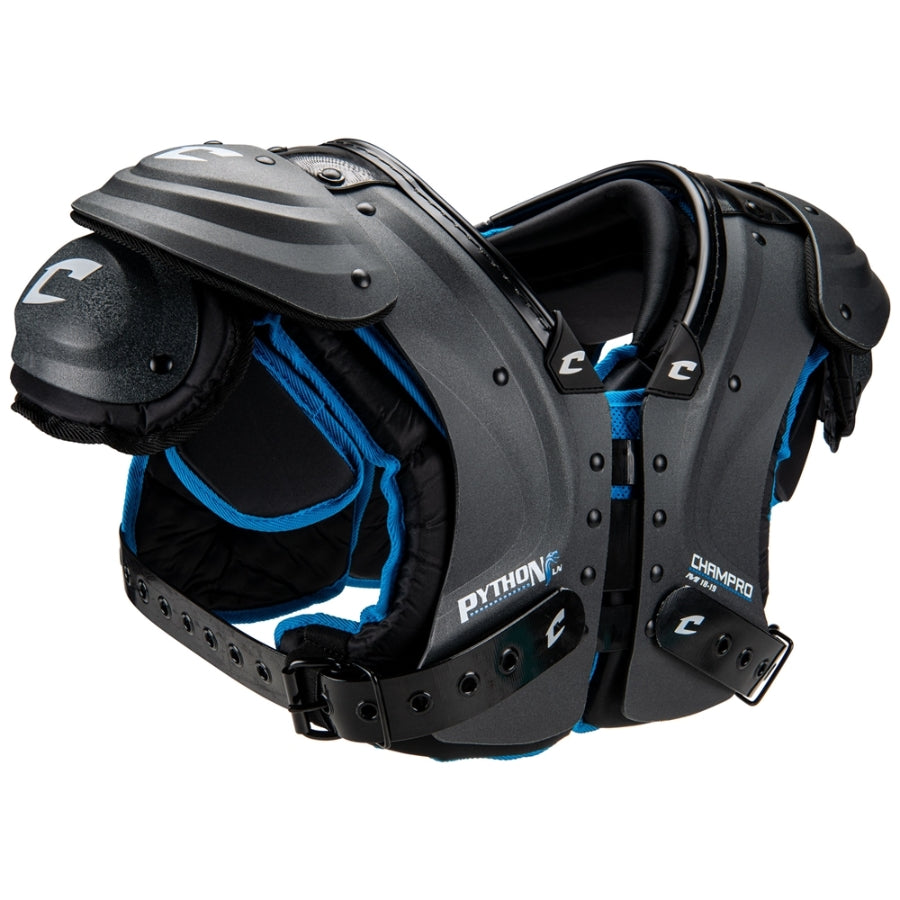 Side profile of the Champro FSPPLN offensive and defensive lineman shoulder pads highlighting the secure 1 1/2 inch belt-and-buckle strap system.