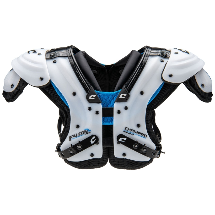Front view of the Champro Falcon Skill Shoulder Pad showcasing the low-profile flat pad design and breathable 360 yoke engineered specifically for high school skill positions.