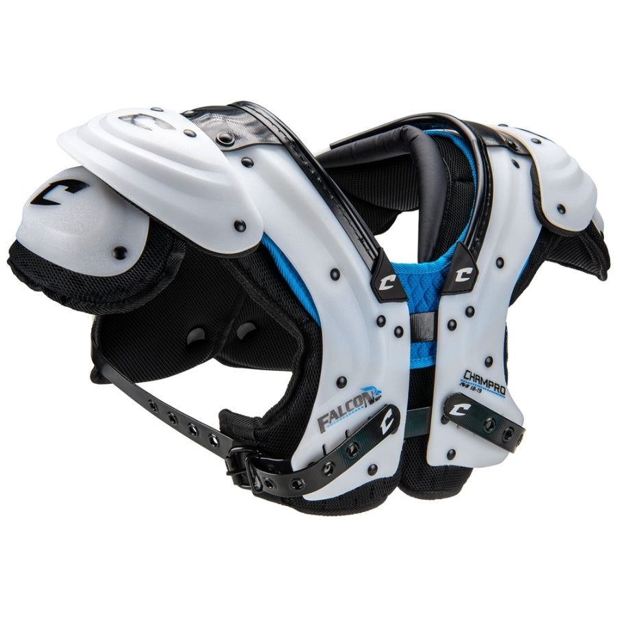 Side profile view of the Champro Falcon Skill Shoulder Pad highlighting the secure 1-inch belt-and-buckle system and streamlined, non-restrictive fit for quarterbacks and receivers.