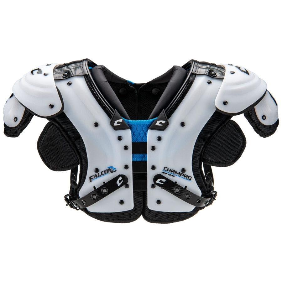 Front view of the Champro Falcon All-Purpose Shoulder Pad showcasing the high-impact PE arches and extended chest coverage for high school football players.