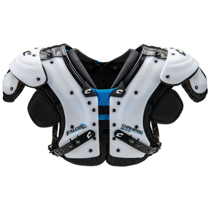 Front view of the Champro Falcon All-Purpose Shoulder Pad showcasing the high-impact PE arches and extended chest coverage for high school football players.
