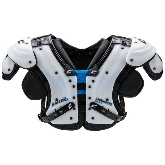 Front view of the Champro Falcon All-Purpose Shoulder Pad showcasing the high-impact PE arches and extended chest coverage for high school football players.