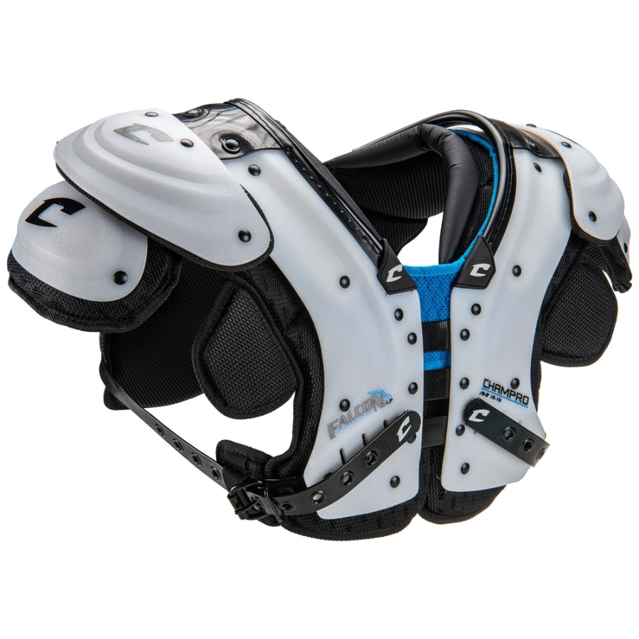 Side profile view of the Champro Falcon All-Purpose Shoulder Pad highlighting the flexible elastic strap and T-hook system for a secure fit on teen athletes.
